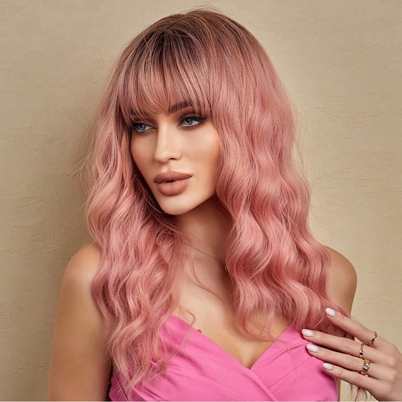 - 22 inch human hair blend pink with dark root curly wave wig main image 4